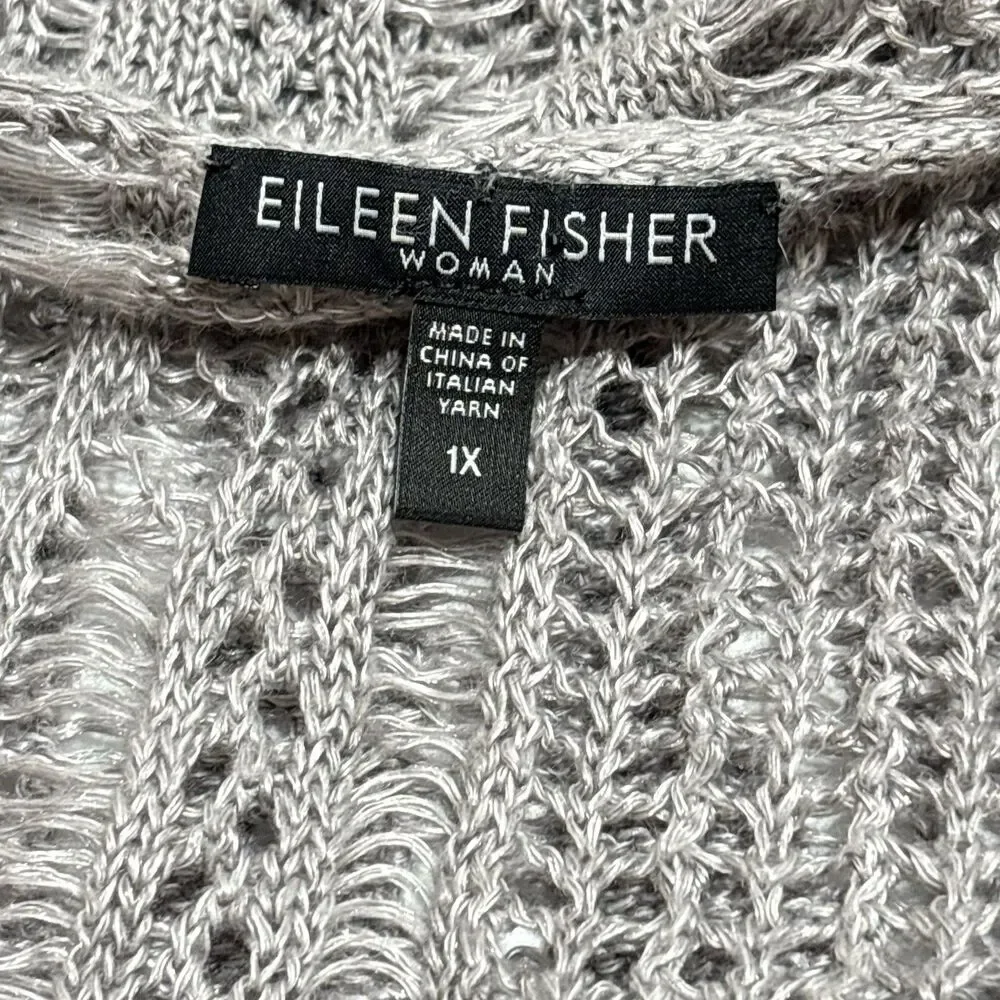 Eileen Fisher Taupe ITALIAN Linen V Neck Open Knit Top XL Slouchy Oversized